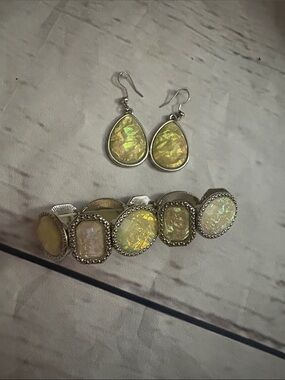 Silver-Tone Yellow Opal Teardrop Earrings and Bracelet Set